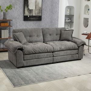 Canap&eacute; Droit 2 Places en Chenille,213cm Avec coussin,Ressorts Ensach&eacute;s,Confort Longue Assise,Gris