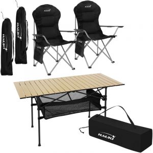 Set de Meubles de Camping, 3 Pi&egrave;ces, Table en Aluminium, Beige, 2 Chaises de P&ecirc;che Pliantes Noires, Ensemble Pratique avec Sac de Transport, pour 2