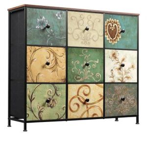 Commode 9 Tiroirs 100x30x86.5cm - Cadre en Métal, Tiroirs avec Poignées en tissu - Motifs Rétros - Noir