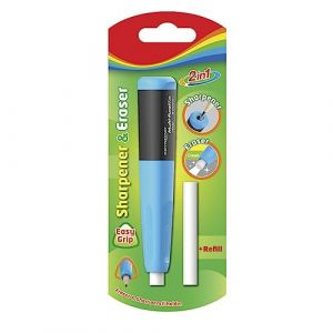 Matériau scolaire - Porte-gommes avec taille-crayon - Couleur bleue - Design ergonomique - Avec caoutchouc de rechange - Lame de haute qualité - Matériau de bureau et papeterie - Keyroad
