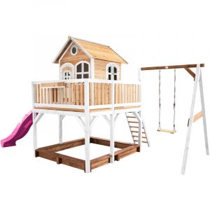 Axi House Maisonnette LIAM Brun Blanc avec 1 balancoire et toboggan Violet et bac à sable
