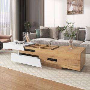 Table basse 120x50x37.5 cm rangement spacieux plateau coulissant et tiroir MDF blanc et couleur naturelle