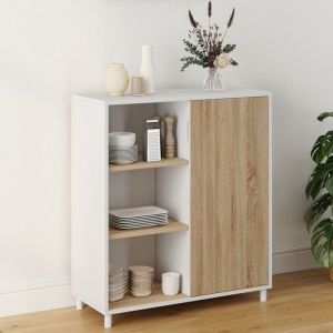 Idmarket Buffet d'appoint 70 cm EASY montage facile sans outils 3 &eacute;tag&egrave;res et 1 porte coulissante r&eacute;versible blanc et bois