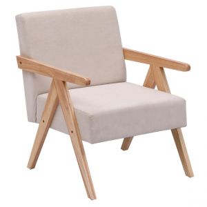 Fauteuil de salon en bois massif et tissu beige