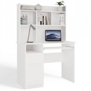 PORTO GAUCHE - Bureau 98&times;51&times;145 cm 3 tiroirs et rayons avec &eacute;tag&egrave;re sup&eacute;rieure pour bureau / chambre - Blanc