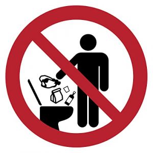 Autocollant Signal&eacute;tique plastifi&eacute; rond sticker r&eacute;sistant &agrave; l&rsquo;eau NF ISO7010 - Adh&eacute;sif lamin&eacute; r&eacute;sistant aux UV - Interdit de jeter des objets dans les toilettes - Diam&egrave;tre 20 cm