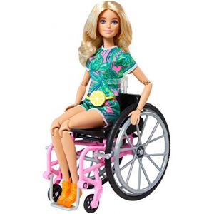 Mattel Fashionistas poup&eacute;e mannequin #165 blonde en fauteuil roulant avec combishort &agrave; imprim&eacute; tropical et baskets orange, jouet pour enfant, GRB93