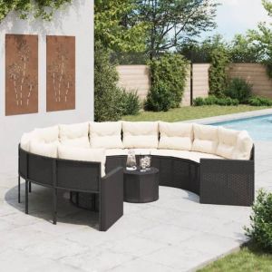 VidaXL Canapé de jardin avec table coussins rond noir résine tressée Noir