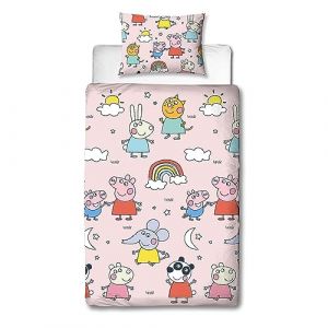 Character World Peppa Pig and Friends Parure de lit 1 Personne avec Housse de Couette réversible et taie d'oreiller Assortie Rose