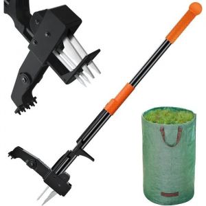 SKKAEO Manual Weed Weeder - Garden Tools, 102 cm Long with Leaf Bag, Stainless Steel and Folding Step Stool with 4 Claws