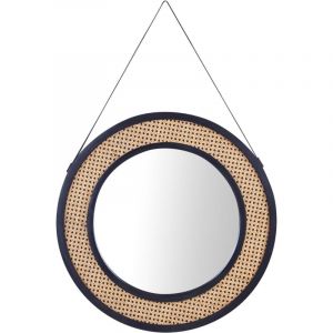 Beliani Miroir Mural Rond Boho en Rotin Clair 70 cm Cadre en Métal Noir avec Sangle Cambrai