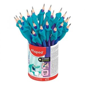 Maped 22 Crayons graphites et guides-doigts amovibles – Guide-doigts en matière soft de couleur bleu – Outil d’apprentissage écriture pour graphites.