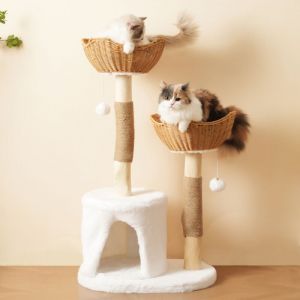 Arbre &agrave; chat 60x42x108cm - 1 grotte et 2 paniers - balle en peluche et coussin &eacute;pais - naturel + blanc