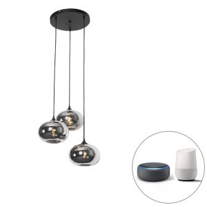 Qazqa Lampe suspendue intelligente noire avec verre fumé avec 3 WiFi P45 - Busa