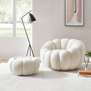 M&S Fauteuil coquillage + pouf en tissu bouclette blanc - sherpa