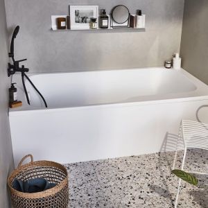 Jacob Delafon Pack baignoire bain douche 170 x 90 Malice gauche blanc mat + tablier en niche + pare bain + étagère