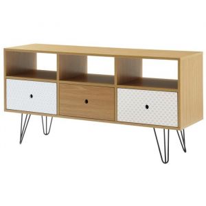 Image de COLETTE Meuble TV scandinave décor chêne et imprimé + pieds métal noir laqué - L 120 cm - Panneaux de particules décor 3D aspect chêne et impression vintage - L120xP35xH60 cm - 3 tiroirs, 3 niches