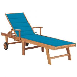 Transat chaise longue bain de soleil lit de jardin terrasse meuble d'extérieur avec coussin bleu bois de teck solide 02_0012309