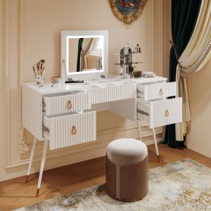 Coiffeuse Modfu avec miroir, luminosité réglable, commode, mdf, blanc - 120 x 45 x 80 cm, 4 tiroirs (sans tabouret)