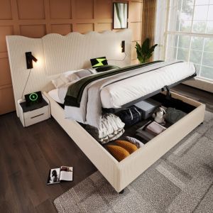 Lit coffre adulte 160x200cm, tissu velours côtelé, lit double avec liseuse, usb, tête de lit allongée, beige, sans matelas