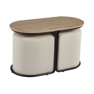 Image de Mobilier Deco - nadia - Ensemble table basse couleur bois avec 2 poufs encastrables en tissu beige - Beige
