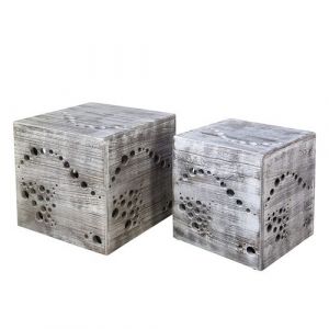Homestyle4u Tabouret côté Lot de 2 Bois Table de nuit Gris Cube Table basse, Multicolore, Unique