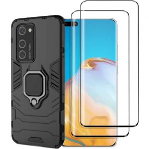 Novago Pour Huawei P40 Pro-Coque Anneau-Béquille Solide + 2 Films Protection Écran Verre Trempé Incurvé Anti Explosion D'écran ]
