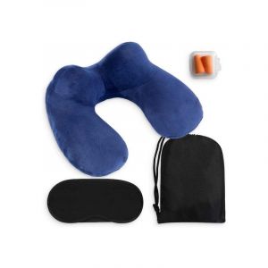 Oreiller cervical gonflable 3 en 1 avec sac de rangement - Oreiller d'avion - Oreiller de voyage - Velours - Forme en U - Masque de sommeil et bouchons d'oreille inclus - Bleu