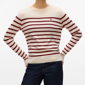 Vero Moda Pull Marinière Dory Avec Coeur Brodé Rouge Col Rond Femme