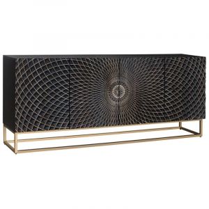 Buffet KOSMOS 180 cm &ndash; Bois massif noir sculpt&eacute; 3D &ndash; Pieds m&eacute;tal dor&eacute;