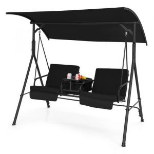 Balancelle d'Extérieur à 2 Places, Balançoire de Porche avec Sac Isotherme et Plateau Rotatif, Balancelle de Jardin avec Auvent Réglable et Coussin
