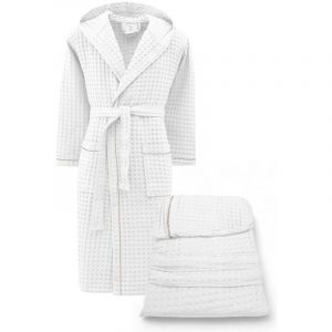 Peignoir en coton pour hommes et femmes avec capuche, nid d'abeille BEEApone, couleur blanche, séchage rapide, doux M