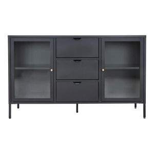 Enfilade Dalby Buffet 2 portes vitr&eacute;es 3 tiroirs acier noir