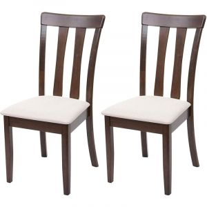 D&eacute;coshop26 Lot de 2 chaises de salle &agrave; manger en bois massif marron fonc&eacute; et assise en tissu cr&egrave;me CDS04465