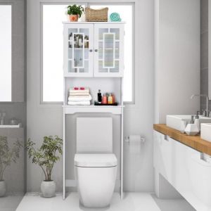 Image de COSTWAY Meuble Dessus Toilette WC Colonne de Salle de Bain avec 2 Portes Étagère de Salle de Bain Armoire de Toilettes WC Blanc