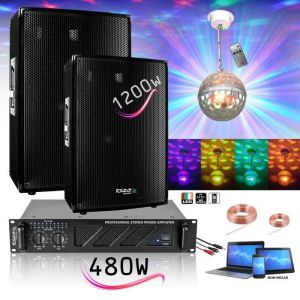 Ibiza Sound Pack Sono 1680W Total - 2 Enceintes 2x600w - Ampli Ventilé 2x240w - Jeu de Lumière - Câblage - Bar Mariage Anniversaire