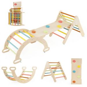 Costway 7 En 1 Triangle D'escalade En Bois -Avec Toboggan/Arche/Rampe Double Face-&Eacute;chelle R&eacute;glable-Charge 50kg-Pour B&eacute;b&eacute; 1+ Ans