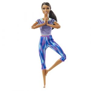 Mattel Made to Move poup&eacute;e articul&eacute;e Fitness ultra flexible brune, Legging d&eacute;grad&eacute; bleu et violet et 22 points d'articulations, Jouet pour enfant, GXF06
