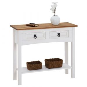 Idimex Table console CAMPO table d'appoint rectangulaire en pin massif blanc et brun avec 2 tiroirs et 1 étagère, meuble d'entrée en bois