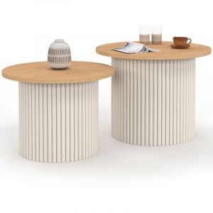 Idmarket Lot de 2 tables basses gigognes KANEL rondes 40/45 effet cannel&eacute; beige et plateau bois