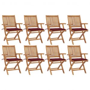 VidaXL Chaises pliables de jardin avec coussins 8 pcs Teck solide - Rouge bordeaux