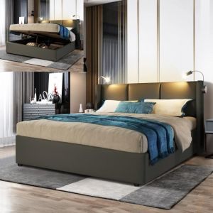 Lit coffre 160x200 cm - avec sommier &agrave; lattes - lampes de lecture et ports USB - simili cuir - gris