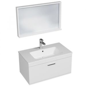 Rubite Meuble salle de bain simple vasque 1 tiroir largeur 80 cm + miroir cadre Blanc - Blanc