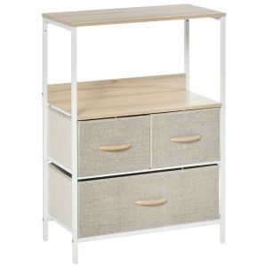 Homcom Commode 3 tiroirs étagère plateau acier MDF bois clair non tissé gris