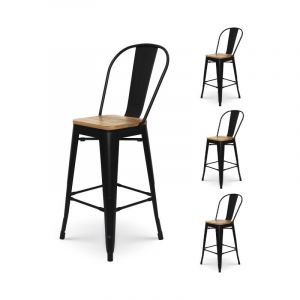 Kosmi Tabouret de bar en métal noir mat style industriel avec dossier haut et assise en bois clair - Hauteur 66cm