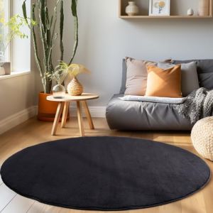 Homebyhome Tapis salon 120 cm Rond Noir Uni moderne et moelleux &agrave; poil court avec sous-couche antid&eacute;rapante lavable