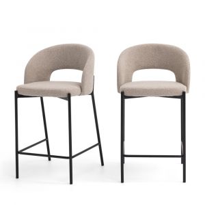 Lot de 2 chaises de bar en tissu bouclette et métal 65cm écru chiné