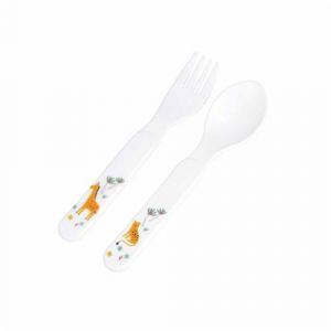 Bébé Douceur, Set de 2 Couverts Plastique Décorés Cuillere + Fourchette Savane