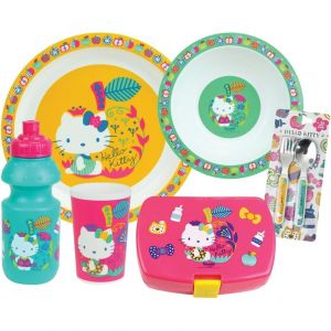 Jemini Set vaisselle assiette creuse, assiette, gourde, boite gouter et 2 couverts enfant Hello Kitty