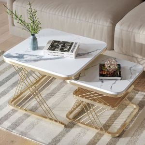 Lot de 2 tables basses gigognes, table carr&eacute;, plateau en marbre, pied en fer, pour salon, chambre, 60x60x45+45x45x38cm dor&eacute;